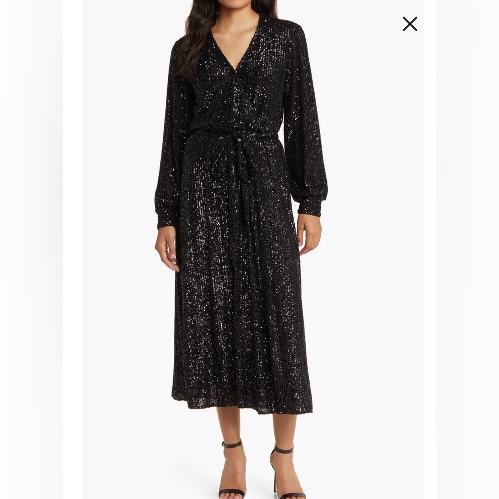 Anne Klein Black Sequin Midi Dress with Tie Waist